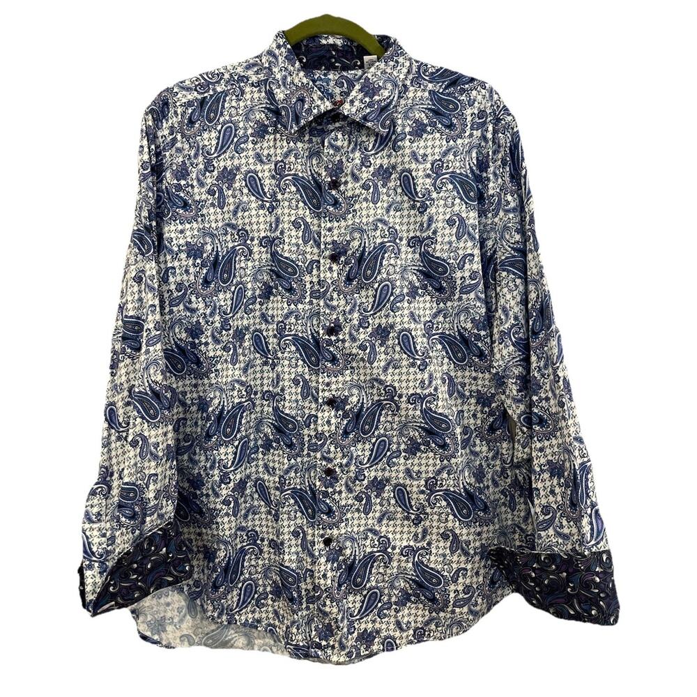Robert Graham Shirt Mens XL Tailored Fit Blue Paisley Flip Cuff Long Sleeve